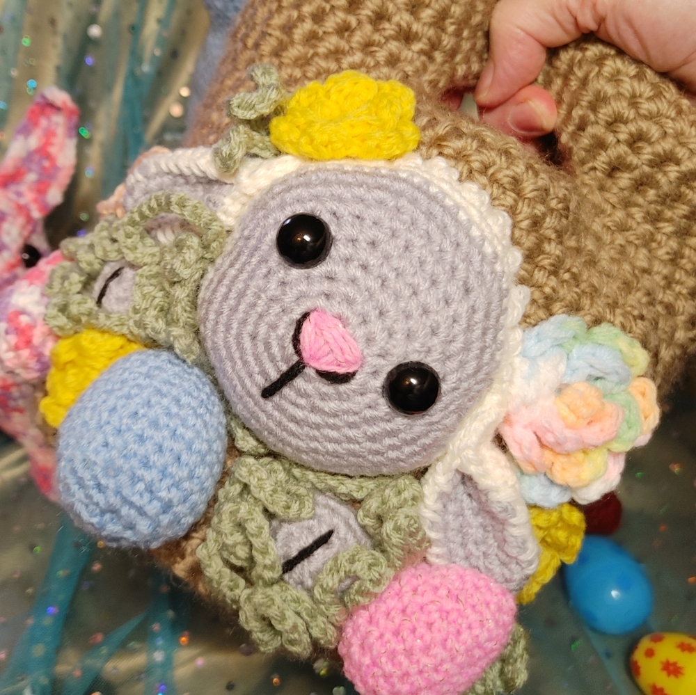 Hand Crochet 3D Easter Lamb Basket Bag Caddy Purse